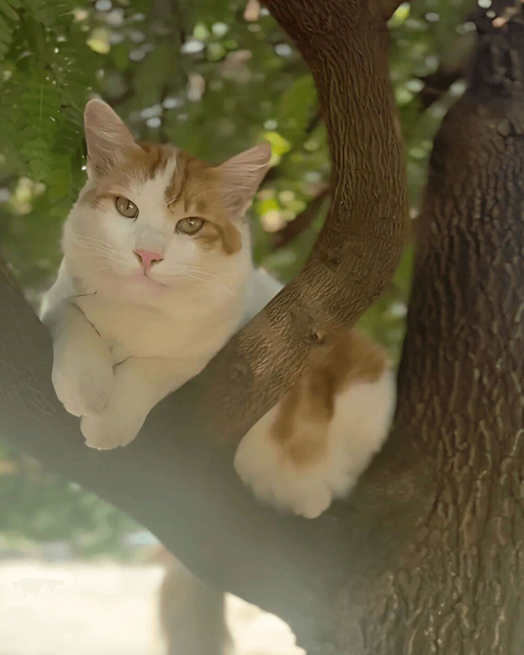 Cat resting on a tree branch, surrounded by green leaves at Dhyaana Farms