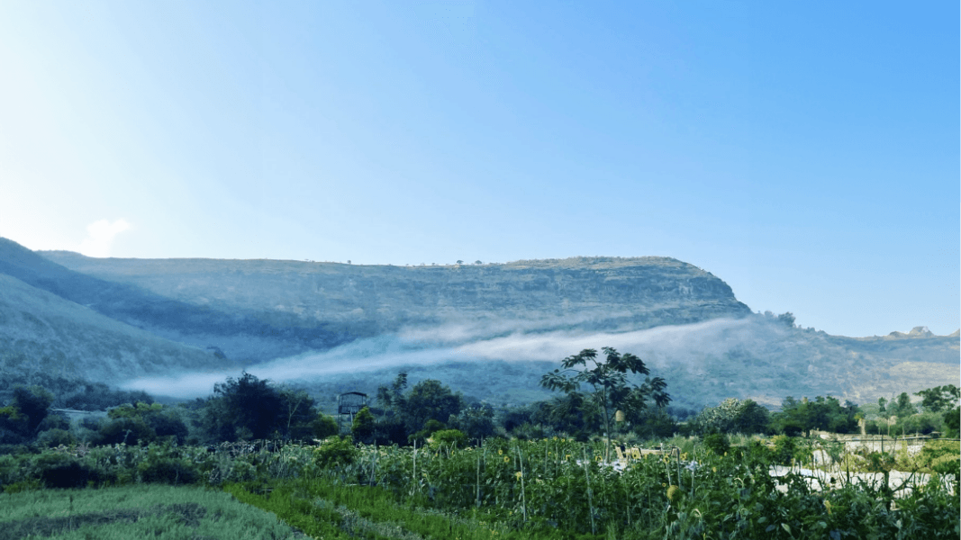 Scenic mountain landscape with mist rolling over lush green fields under a clear blue sky view from dhyaana farms the country holidays in Aurangabad