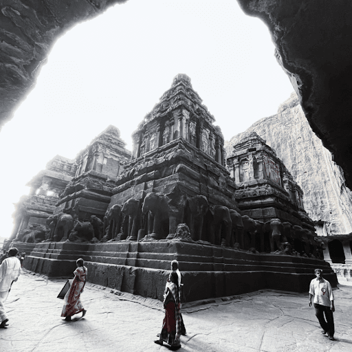 Kailasa Temple at Ellora Caves, Maharashtra – an ancient rock-cut temple with intricate carvings and elephant sculptures, a UNESCO site